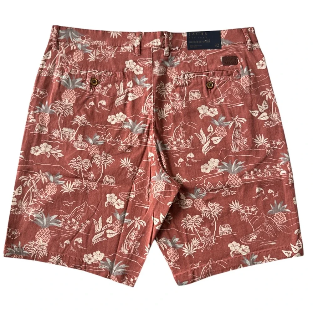JACHS Washed Stretch Twill Shorts Tropical Print Casual‎ Flat Front Mens Size 32